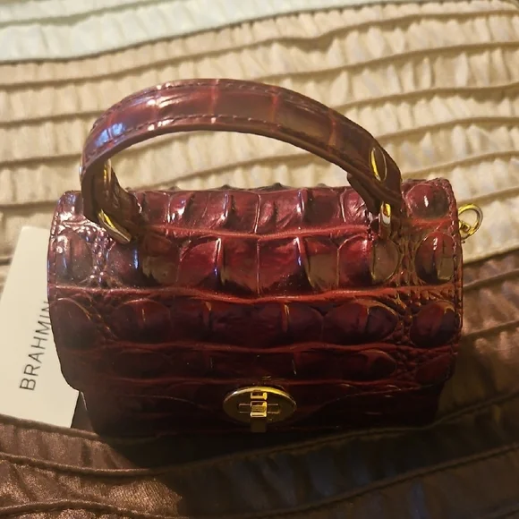 Brahmin Croc-Embossed Mini Top Handle Bag in Burgundy - Picture 2 of 7